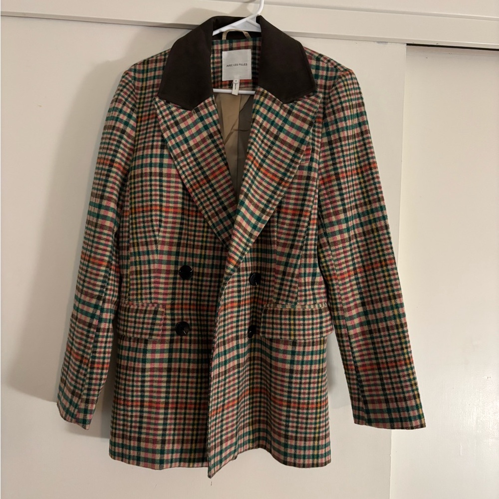 Avec Les Filles Multicolor Plaid Blazer with Dark Brown Collar